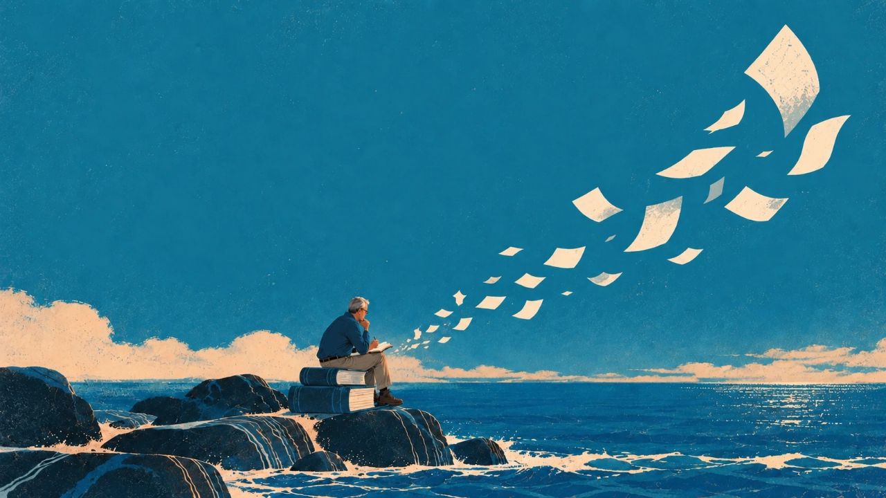 An older man sits on a stack of books on rocks at the edge of the sea, writing in a notebook, as pages lift from it into a wide blue sky.