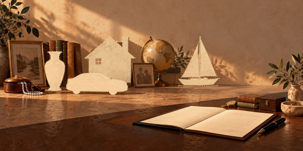 An open will lies on a dark wooden desk in warm light, with cream paper cutouts of a house, a car, a vase and a sailboat standing among books, a globe, a framed photograph and a string of pearls.