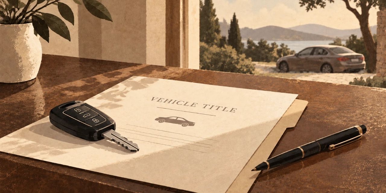 Vehicle title paperwork and a car key on a cream and chestnut desk, with a pen beside them and a parked car outside the window.